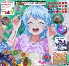 a girl with blue hair is surrounded by marbles and says i didn 't loose my marbles