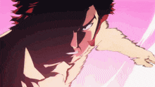 a close up of a man 's face with a pink and white background