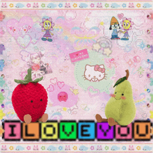 a strawberry and a pear are sitting in front of a i love you sign