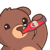 a teddy bear is drinking a bottle of berrytos