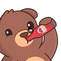 a teddy bear is drinking a bottle of berrytos