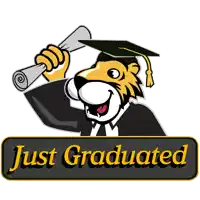 a cartoon of a tiger in a graduation cap and gown holding a diploma and the words just graduated below it