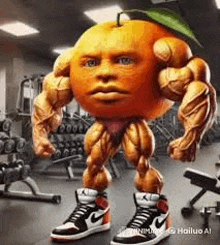 an orange with a face and muscles is standing in a gym wearing nike shoes .