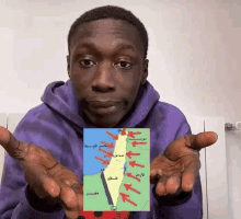 a man in a purple hoodie is holding a map of palestine in his hands .