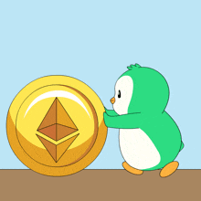 a green penguin pushing a gold coin with an ethereum symbol on it