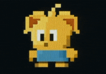 a pixel art of a dog with a blue shirt on a black background .
