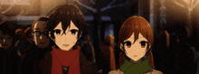 two anime characters are standing next to each other in a crowd .