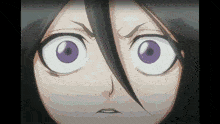 a close up of a cartoon character 's face with purple eyes