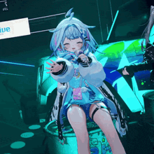 a girl with a microphone in her hand stands in front of a sign that says ' ue '