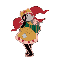 a cartoon drawing of a girl with red hair holding a baby in her arms