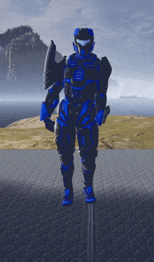 a man in a blue and black armor stands on a tiled floor in front of a body of water