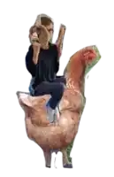 a person is sitting on the back of a chicken holding a steering wheel