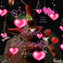 a video game character is surrounded by pink hearts and the words good morning rise and grind