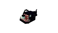 a pixel art drawing of a black fish with a red mouth