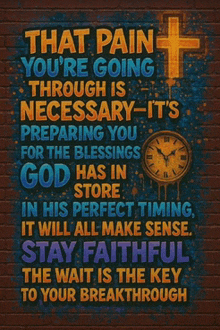 a poster that says that pain you 're going through is necessary preparing you for the blessings for god has in store