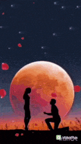 a man is kneeling down to propose to a woman in front of a full moon