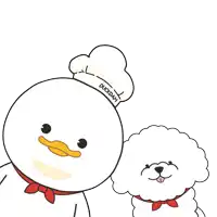 a duck with a chef 's hat that says " duckdam " on it
