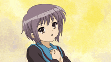 a girl with purple hair is making a funny face
