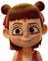 a close up of a cartoon character with a swirl on her forehead