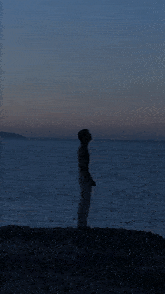 a silhouette of a man standing on a beach near the water