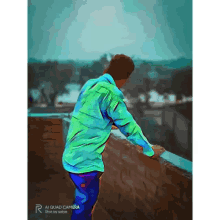 a man in a green shirt is standing on a balcony looking out over a city