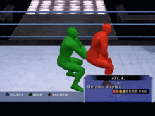 a video game screen shows a green and red wrestler in a boxing ring