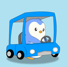a penguin is driving a blue car with a steering wheel