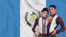 a couple of men standing in front of a flag that says libertad