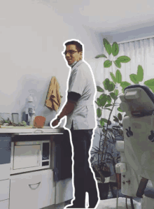 a man in a lab coat is standing in a room with a plant