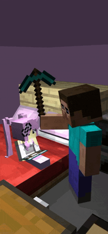 a minecraft character is holding a pickaxe in a bedroom