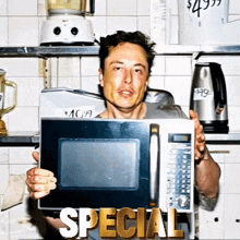 a man holding a microwave with special written in gold letters