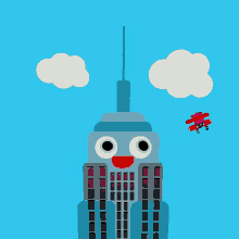 a cartoon drawing of a building with a face and a plane flying over it