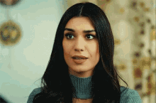a woman with long dark hair is wearing a grey sweater and looking at the camera .
