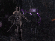 a robot with a purple head is standing next to another robot in the dark