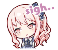 a cartoon drawing of a girl with pink hair and the word sigh written above her head .