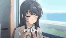 a girl in a school uniform is eating with chopsticks and the words cici eat are visible