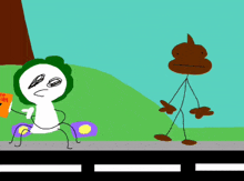 a cartoon drawing of a person sitting on a chair and a poop standing next to them