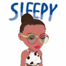a cartoon girl wearing glasses and a bun with the word sleepy behind her