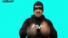 a man wearing a blizzard hat and a sweatshirt with the letters sv on it
