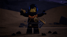 a close up of a lego character 's face with his arms raised