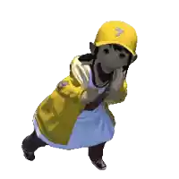 a little girl is wearing a yellow jacket and a yellow hat