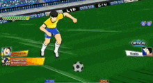 a cartoon soccer player is kicking a soccer ball on a field .