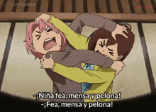a cartoon of two girls fighting with the words " niña fea mensa y pelona " in the corner