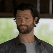 a man with a beard wearing a grey shirt