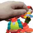 a pixel art of a person holding a gun and a donut