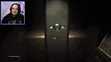 a woman wearing headphones is smiling while pressing a button on a machine