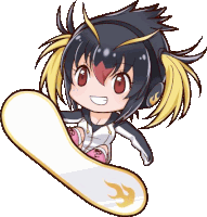 a penguin girl is riding a snowboard in a cartoon .