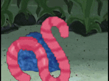 a pixel art of a pink and blue worm with the letter s on it