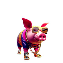 a pink pig wearing sunglasses and a chain around its neck