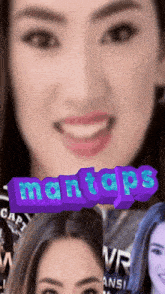 a woman 's face is behind a purple mantops logo